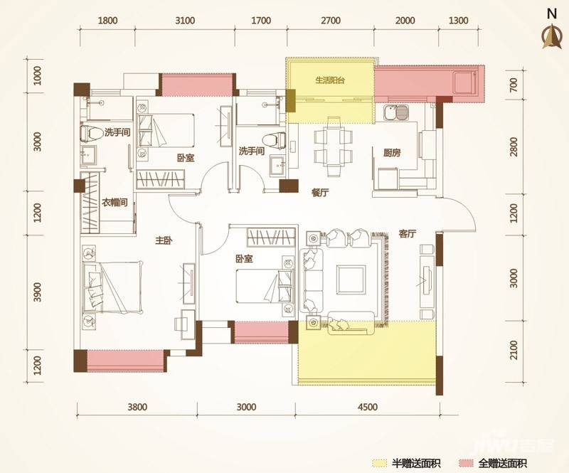 清华十二郡3室2厅2卫95.4㎡户型图