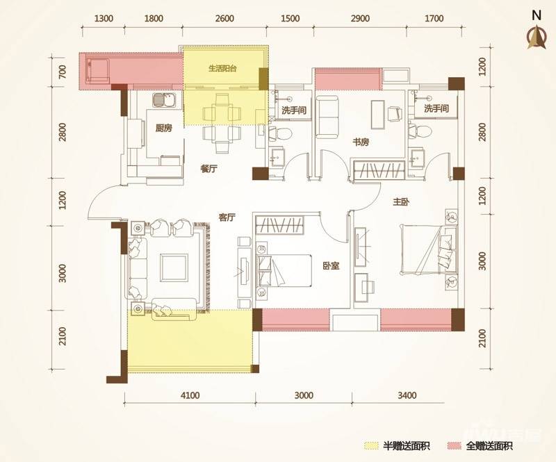 清华十二郡3室2厅2卫95.4㎡户型图