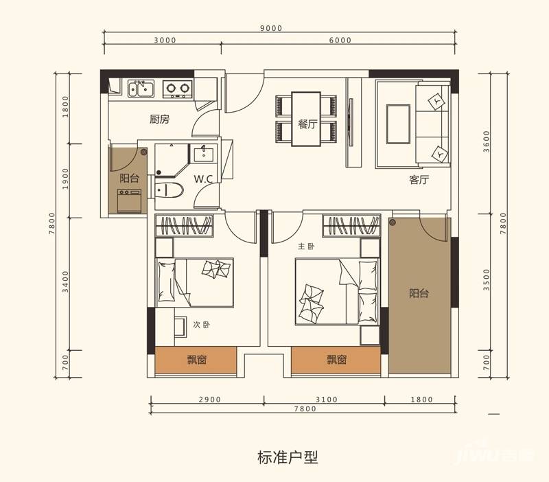 中珠上郡2室2厅1卫93.2㎡户型图