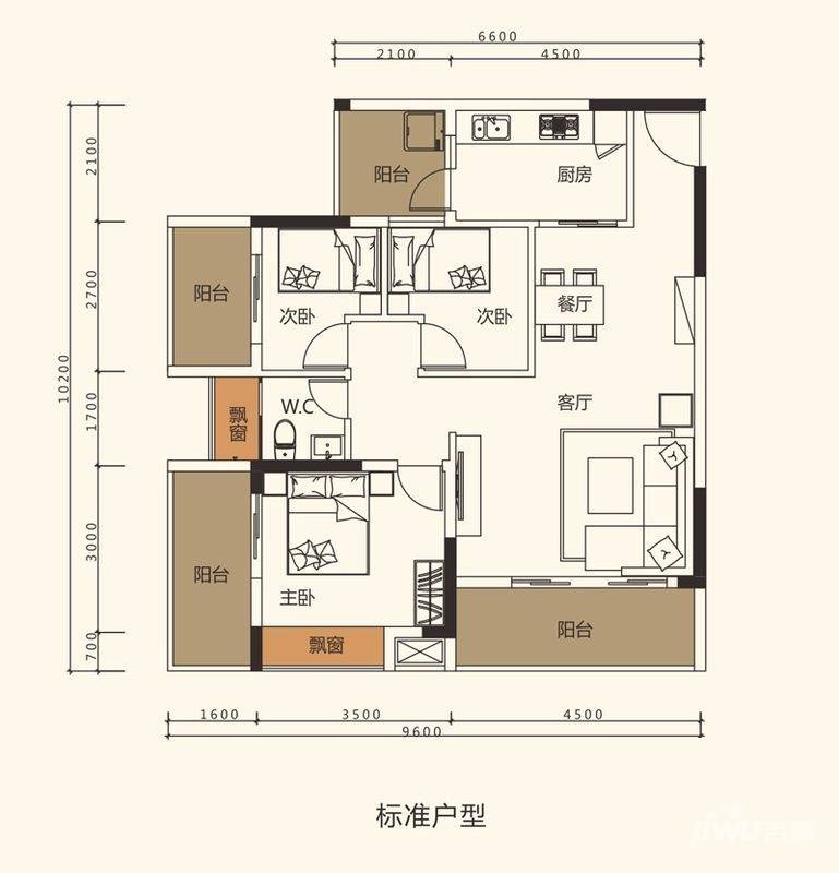 中珠上郡3室2厅1卫91.5㎡户型图