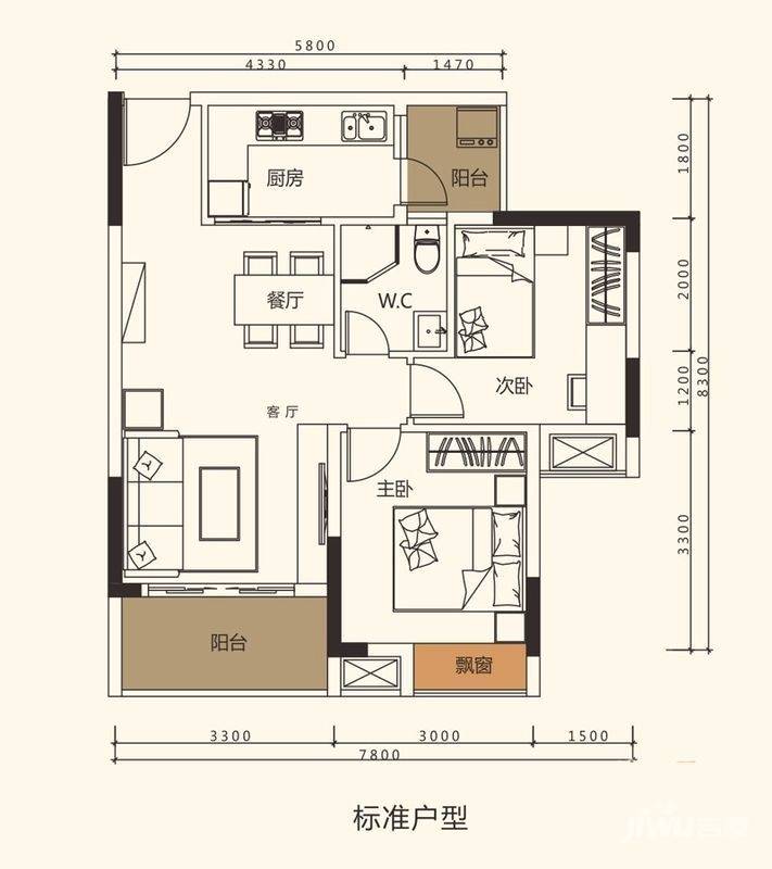 中珠上郡2室2厅1卫66.1㎡户型图