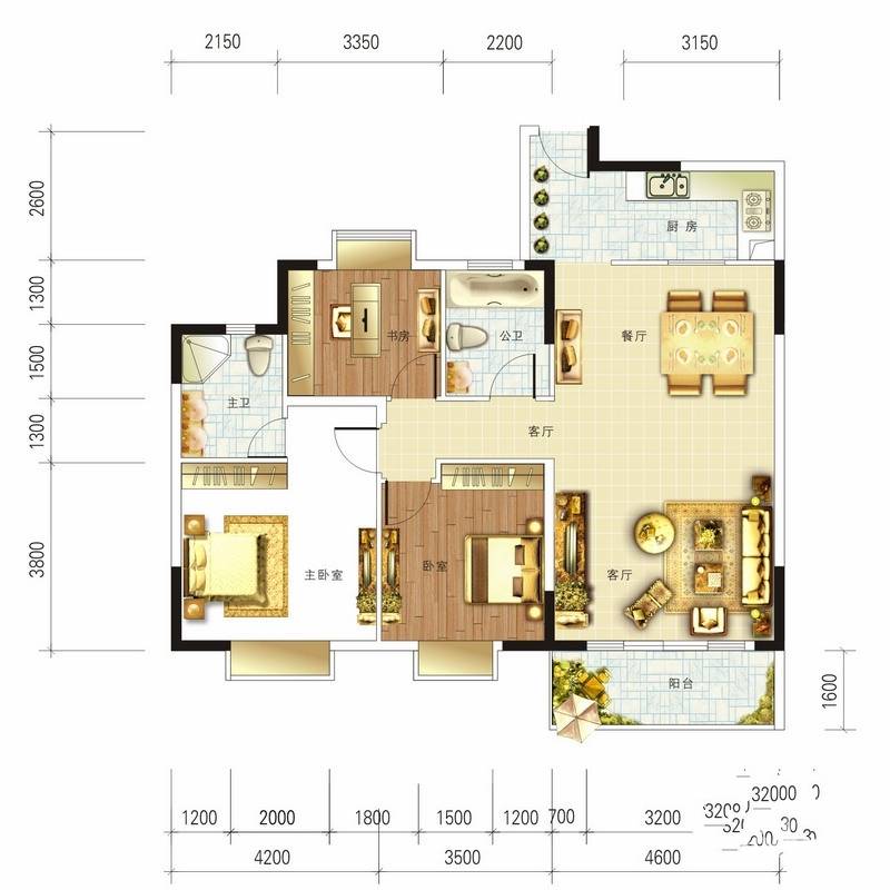 狮子洋1号3室2厅2卫126㎡户型图