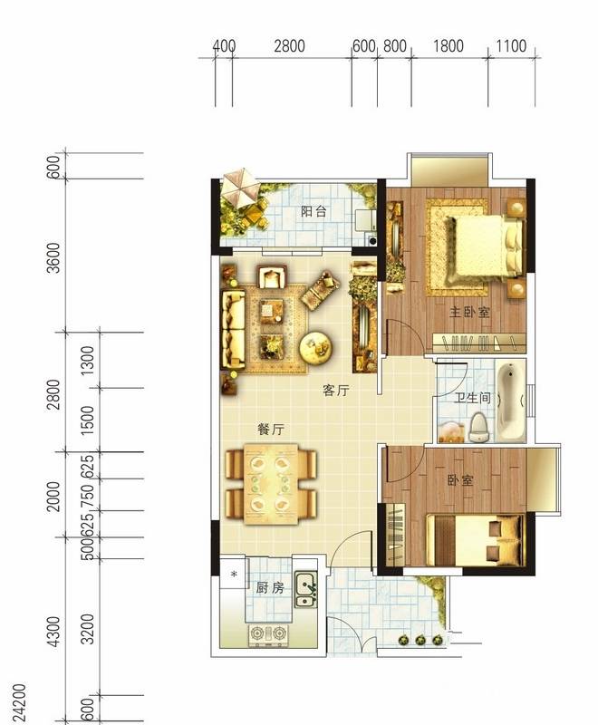 狮子洋1号2室2厅1卫85㎡户型图