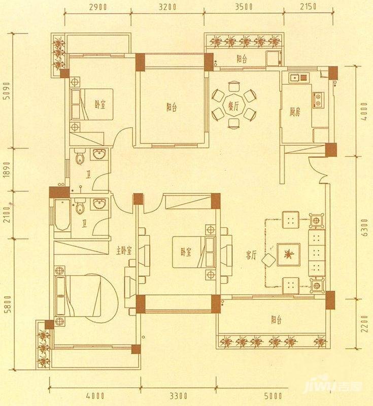 景湖时代城3室2厅2卫156.2㎡户型图