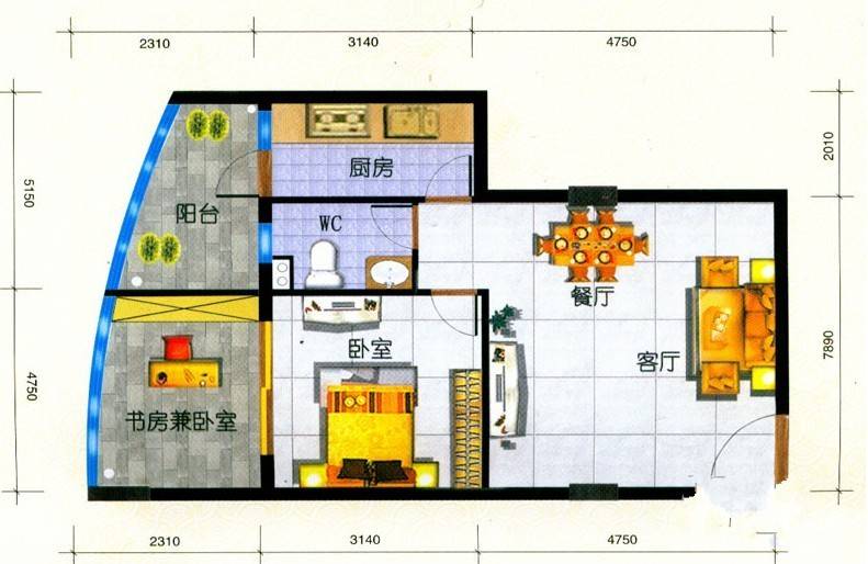 锦华水岸居2室2厅1卫62.2㎡户型图