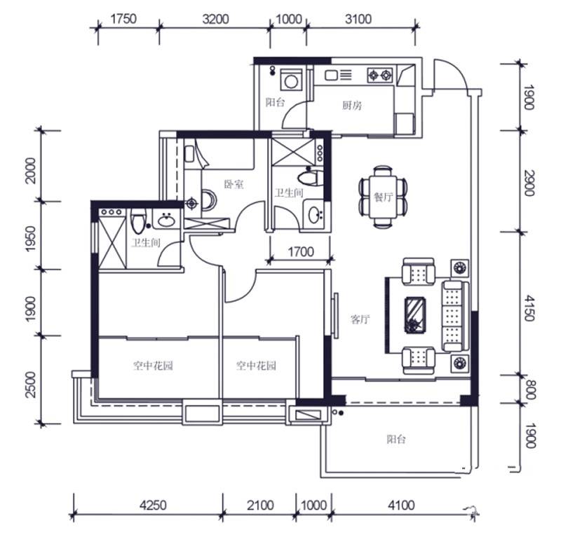 怡翠世嘉花园3室2厅1卫89㎡户型图