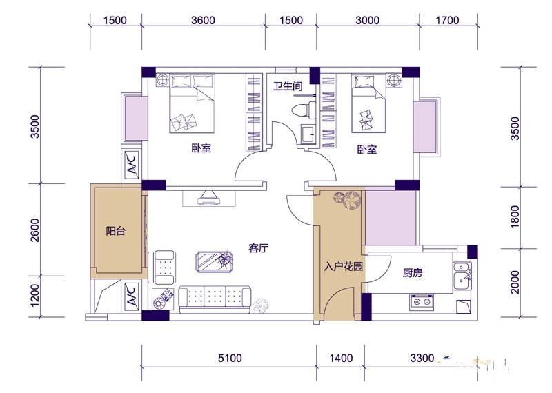 喜居2室1厅1卫70㎡户型图