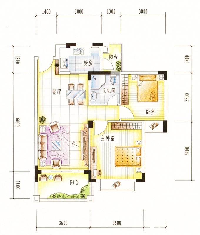 大信芊翠家园2室2厅1卫78.3㎡户型图