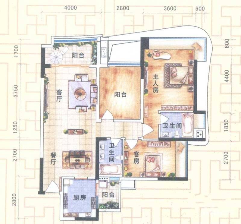 顺德雅居乐花园2室2厅1卫101㎡户型图