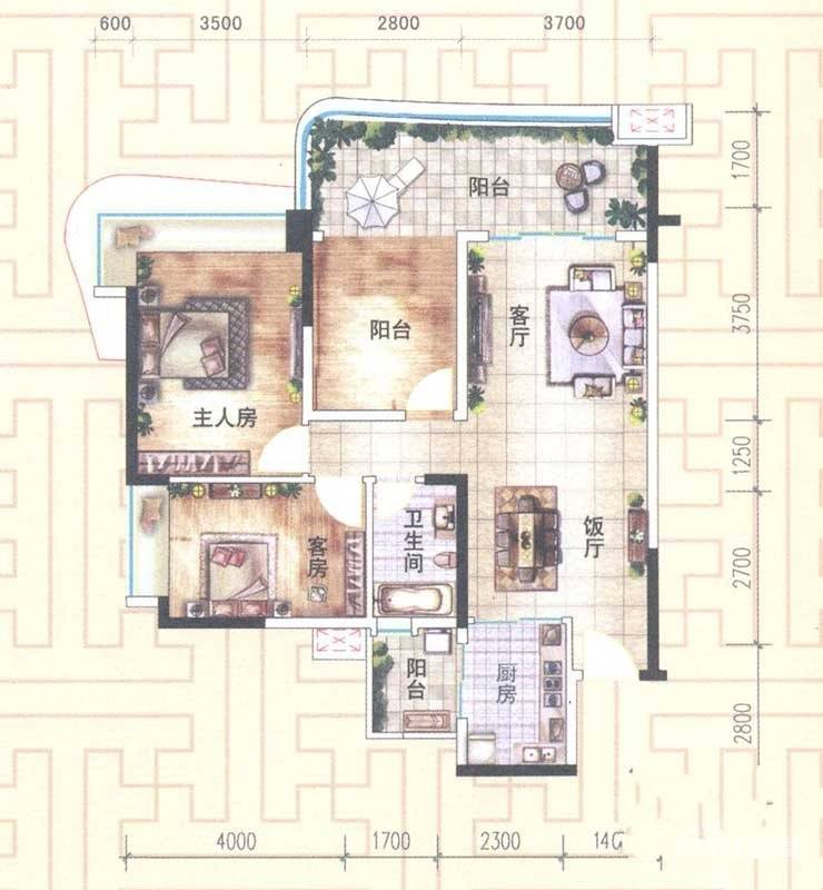 顺德雅居乐花园2室2厅1卫94㎡户型图