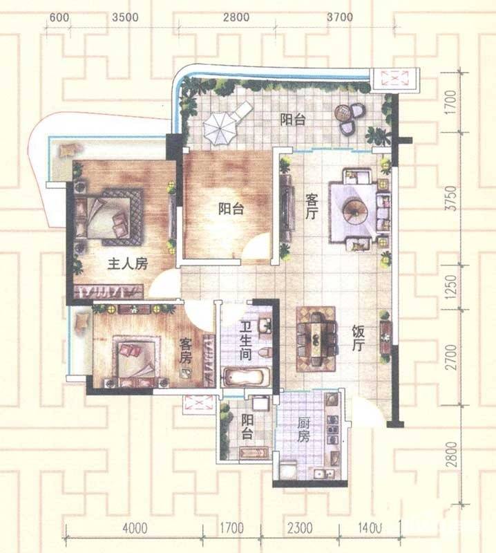 顺德雅居乐花园2室2厅1卫96㎡户型图