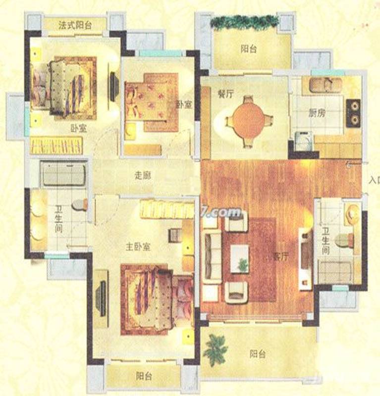 东海湾3室2厅2卫105㎡户型图