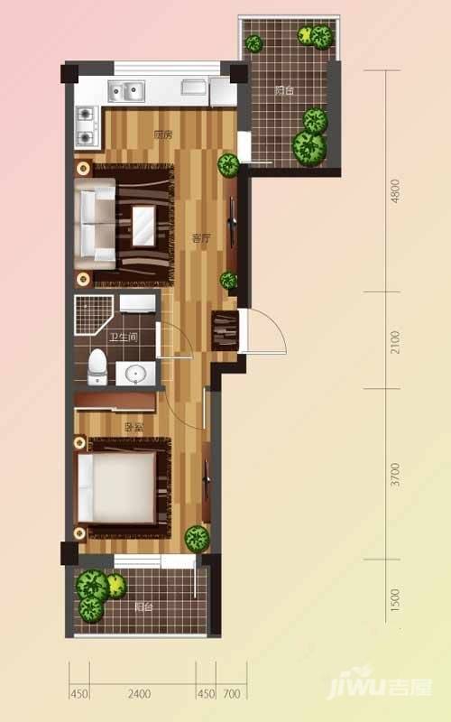 海尚明珠1室1厅1卫56.4㎡户型图