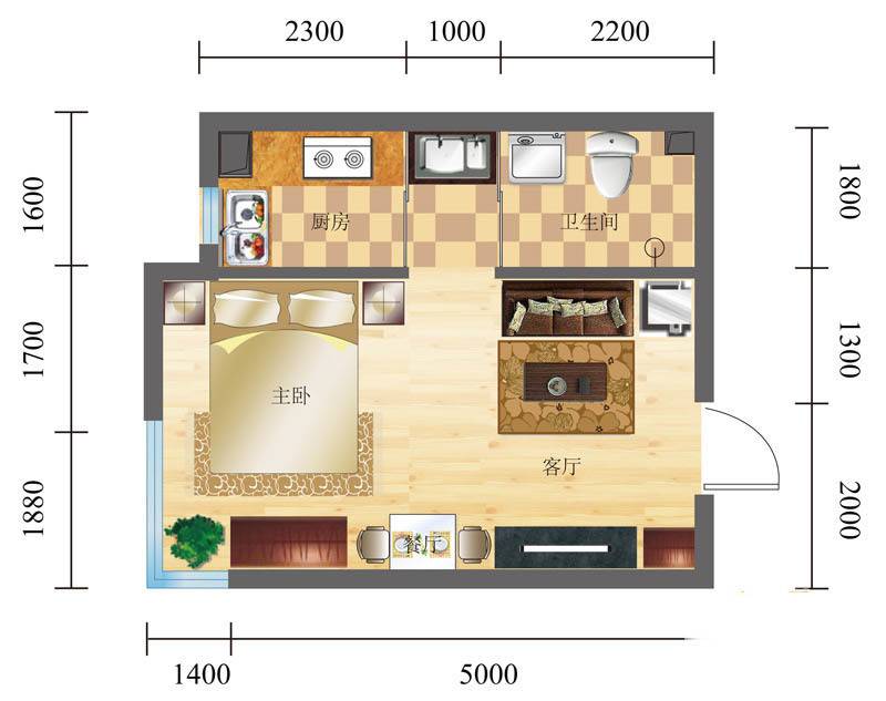 观山蝶恋花1室1厅1卫48㎡户型图