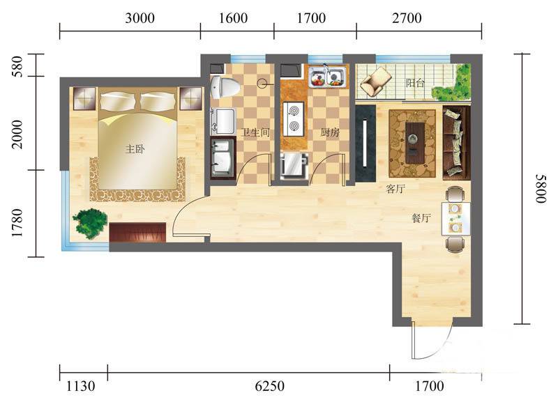 观山蝶恋花1室1厅1卫35㎡户型图