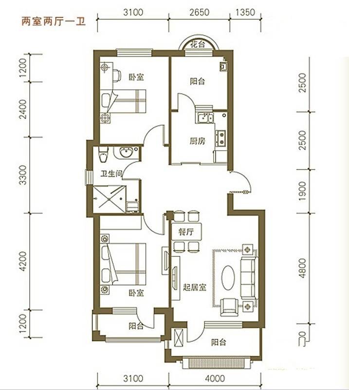 易和岭秀滨城2室2厅2卫85㎡户型图
