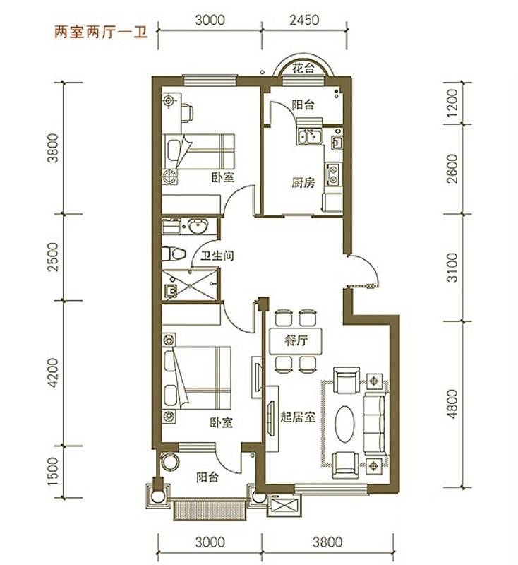 易和岭秀滨城2室2厅1卫76.6㎡户型图