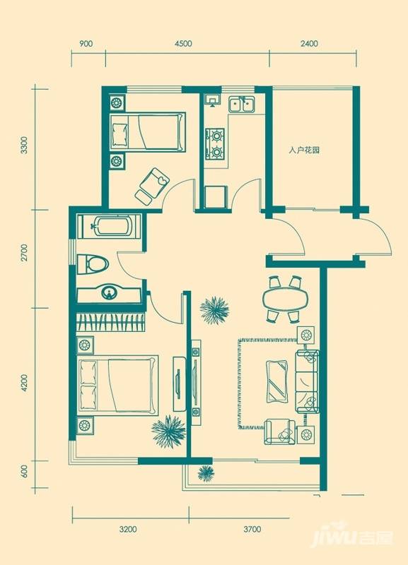 亚联翡翠春城2室1厅1卫90㎡户型图