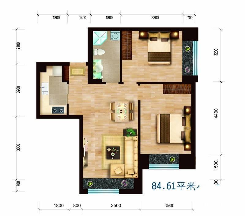 城市旋律2室1厅1卫84.6㎡户型图