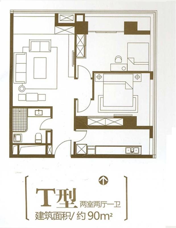 城市之光国际公寓2室2厅1卫90㎡户型图