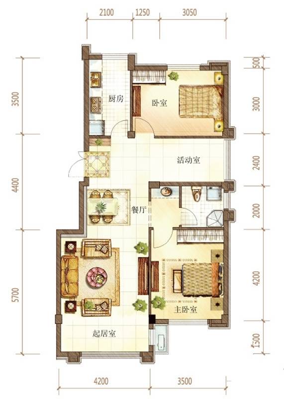 远洋自然2室2厅1卫104㎡户型图