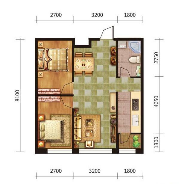 五矿万泉公元2室2厅1卫75.8㎡户型图