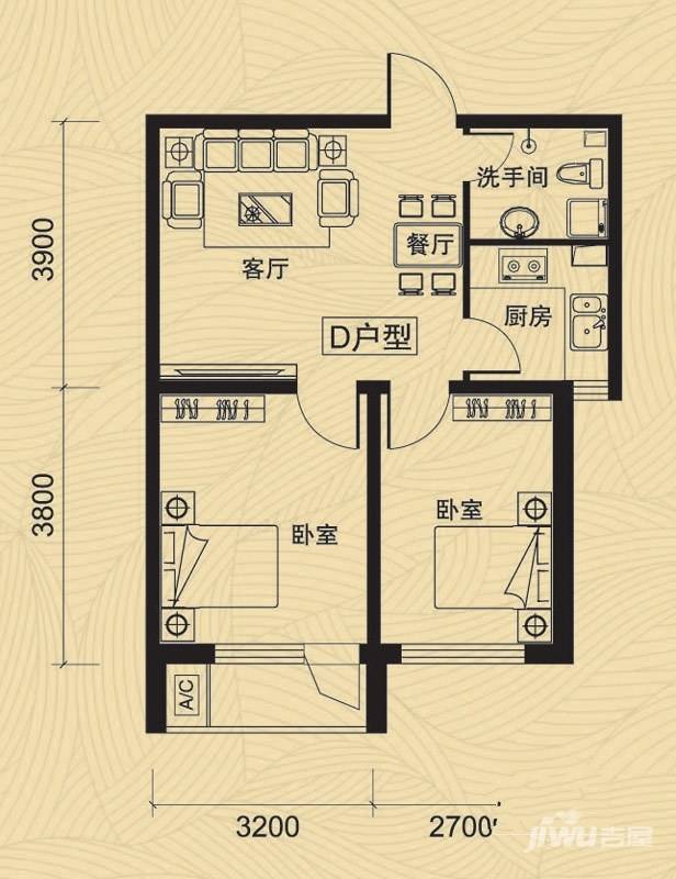 枫丹白露2室2厅1卫65.1㎡户型图