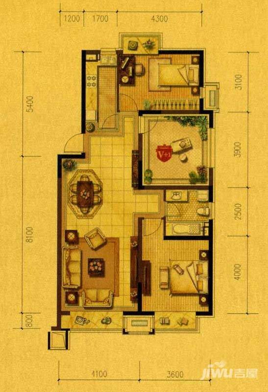 金地名京3室2厅1卫120㎡户型图