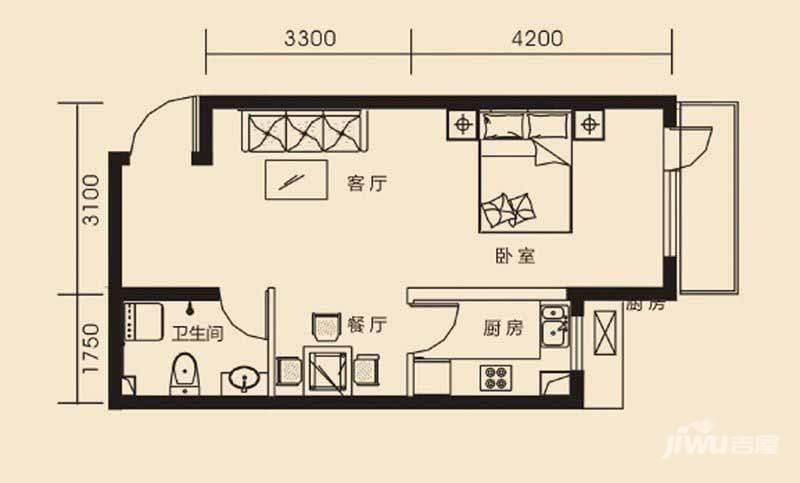 温莎庄园1室2厅1卫54.2㎡户型图