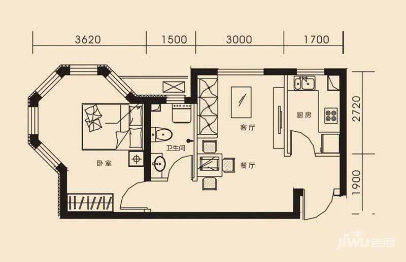 温莎庄园1室2厅1卫53.3㎡户型图