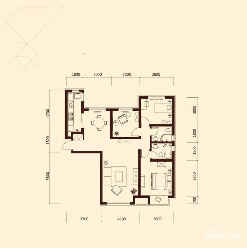 中海国际社区2室2厅2卫118.6㎡户型图