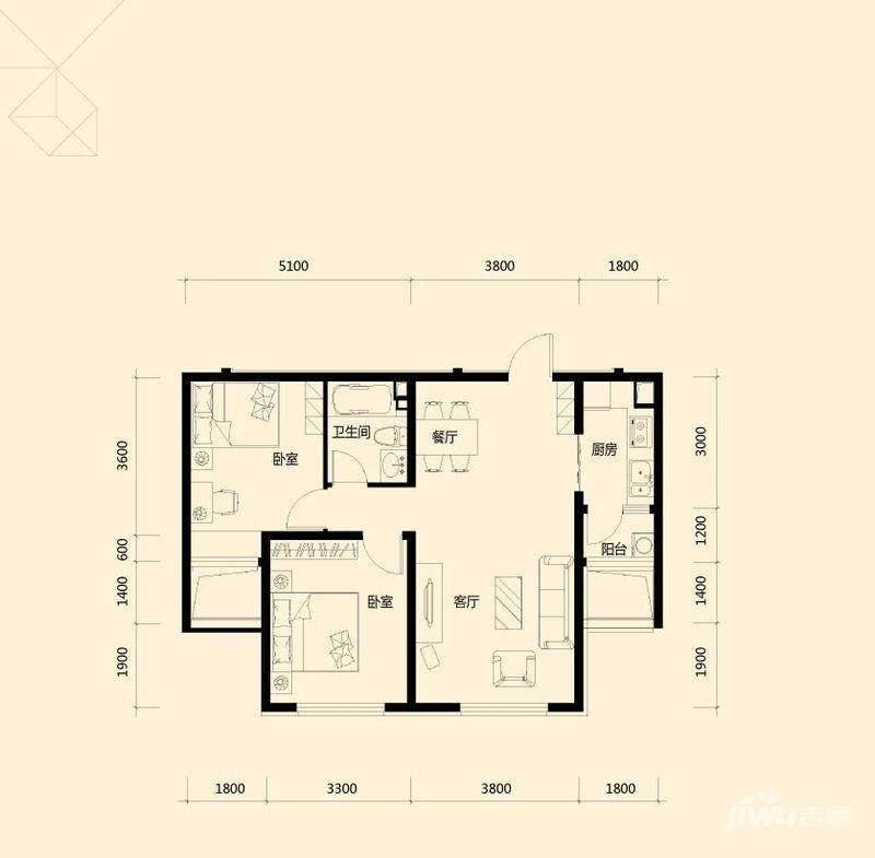 中海国际社区2室2厅1卫88.1㎡户型图