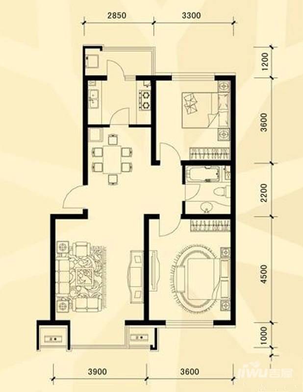 弘泽锦城2室2厅1卫87.6㎡户型图