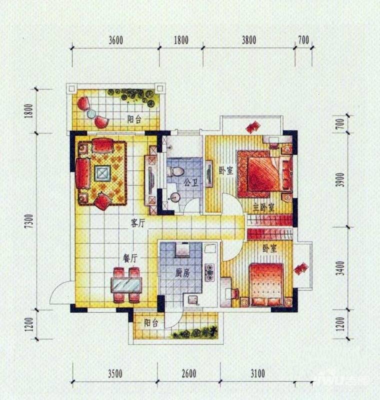 大信海岸家园2室2厅1卫90㎡户型图