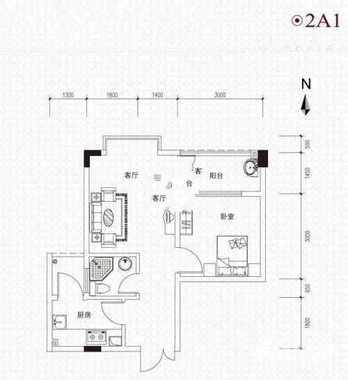 新都盛世名门1室1厅1卫44㎡户型图