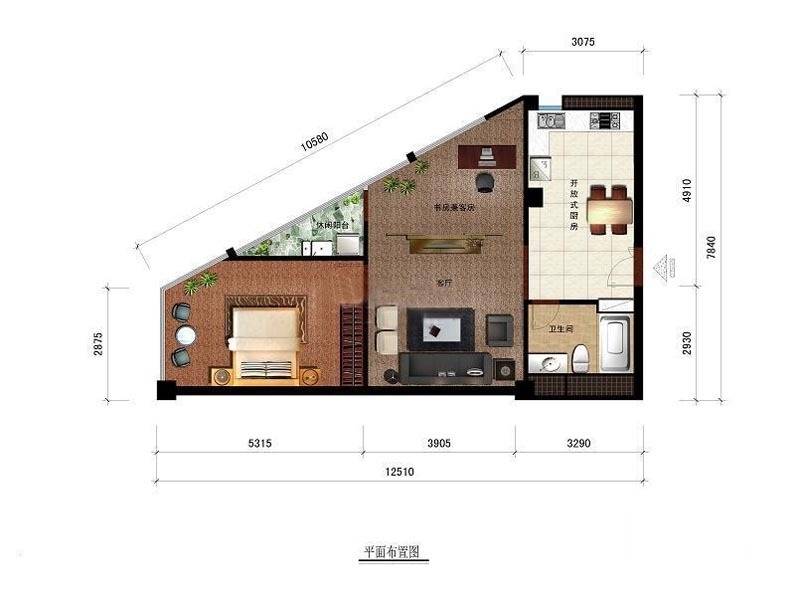 茶亭SOHO1室2厅1卫91㎡户型图