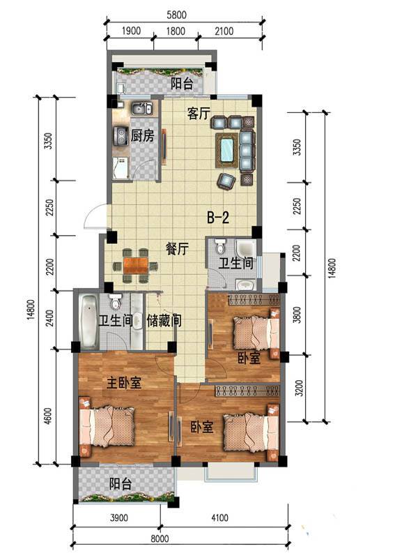 琴亭湖时代3室2厅2卫88㎡户型图