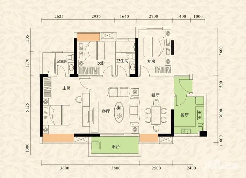 旭日印象3室2厅1卫88.7㎡户型图