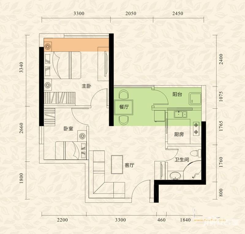 旭日印象2室2厅1卫46.5㎡户型图