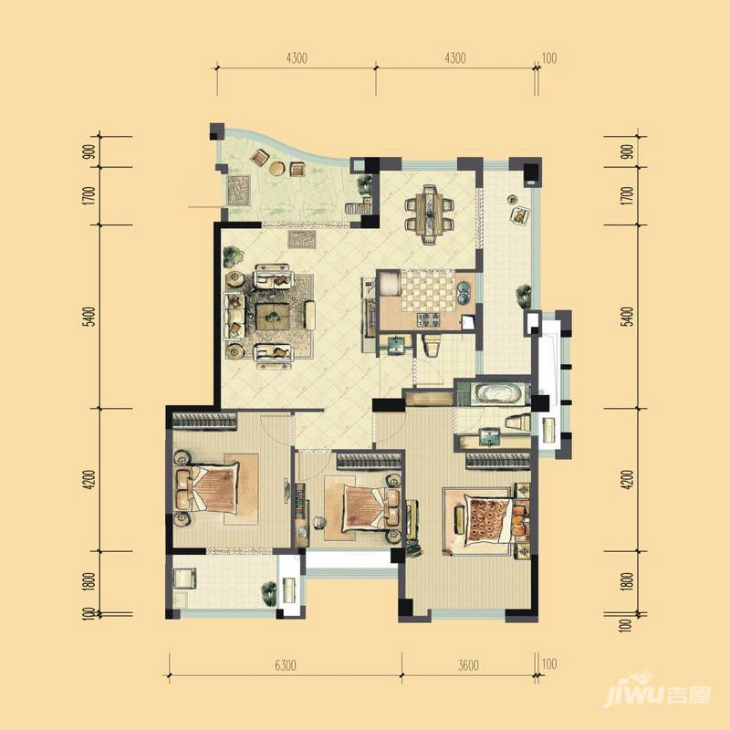 中庚香山春天3室2厅2卫118㎡户型图