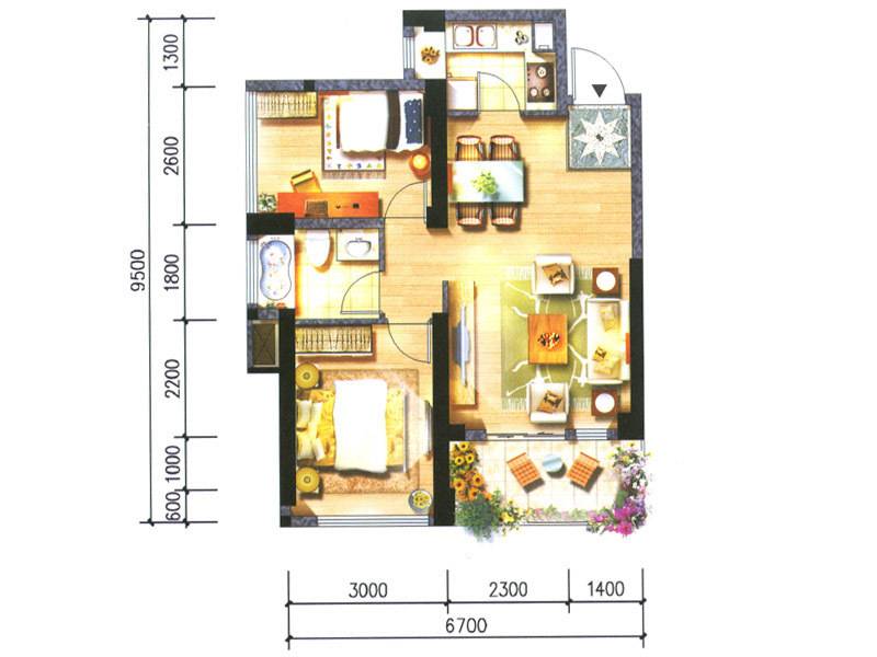 阳光理想城2室2厅1卫65㎡户型图