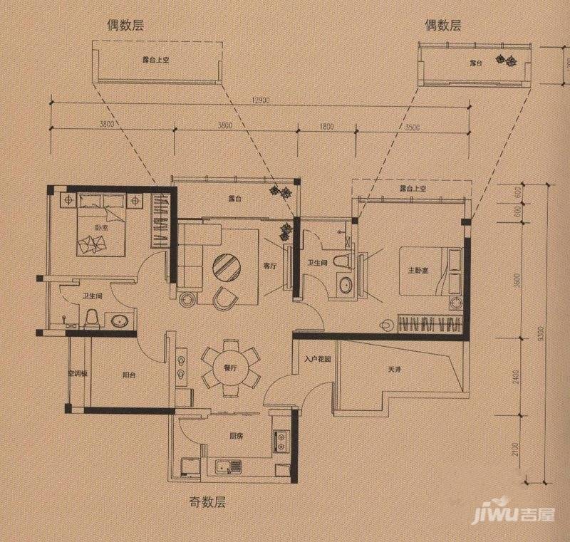 华盛·西荟城三期2室2厅2卫88㎡户型图