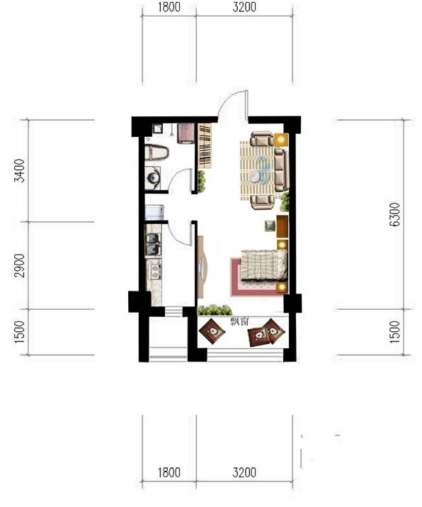 万晟丽水香堤1室1厅1卫44.5㎡户型图