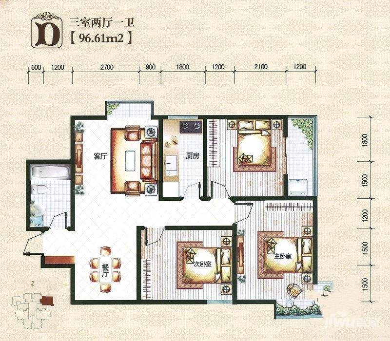 锦嶺公寓3室2厅1卫96.6㎡户型图