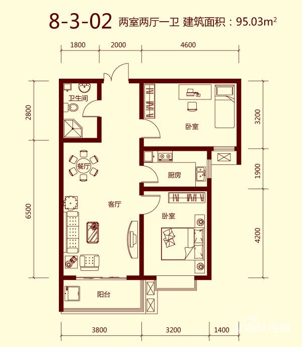 天滋嘉鲤2室2厅1卫95㎡户型图