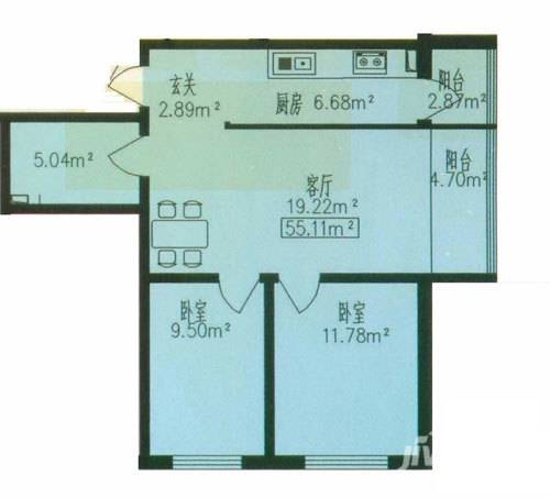 明光翡翠湾2室2厅1卫55.1㎡户型图