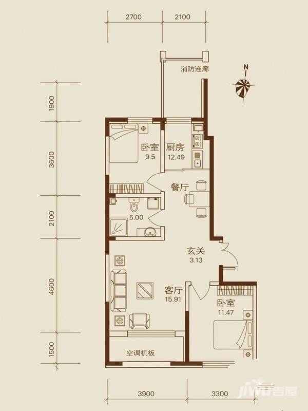 新里海德公馆2室1厅1卫56.5㎡户型图