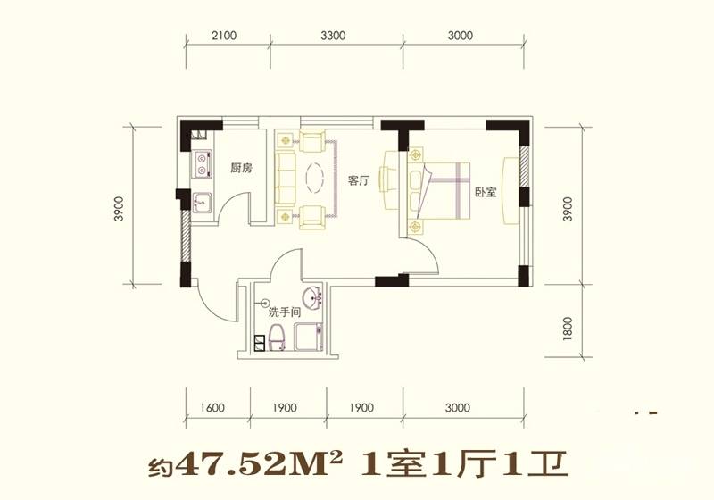 尊誉东方1室1厅1卫47.5㎡户型图