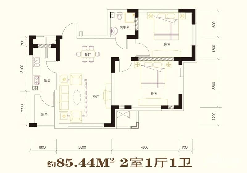 尊誉东方2室1厅1卫85.4㎡户型图