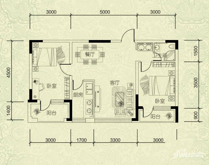 鼎惠华庭2室2厅1卫76㎡户型图